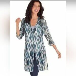 Soft Surroundings SZ M Blue Ikat Sheer Button Down Tunic Duster 3/4 Sleeves